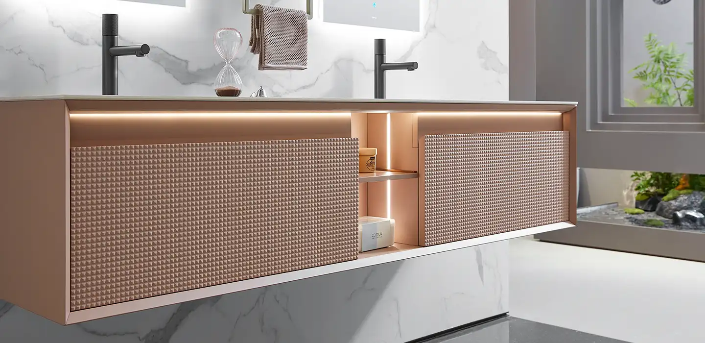 Thiết kế nội thất Tủ Lavabo đôi treo tường màu hồng cao cấp hiện đại