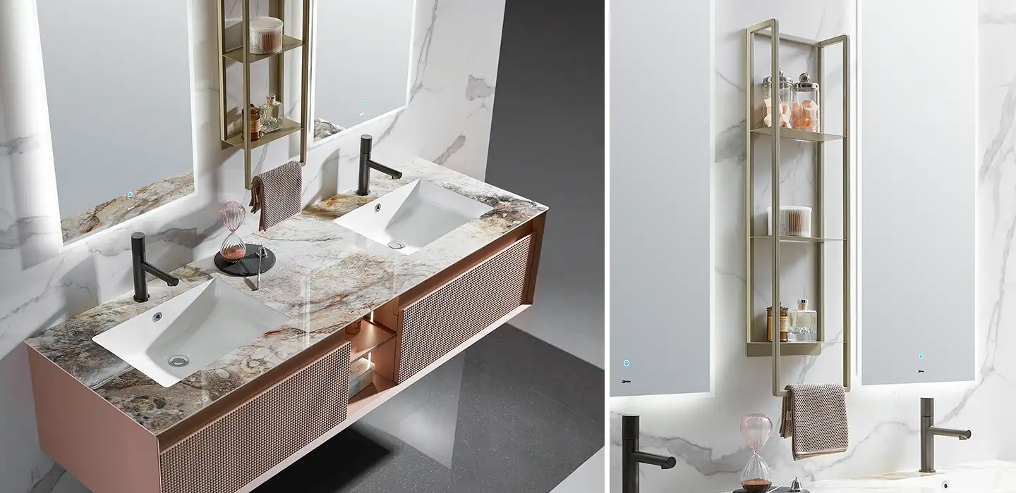 Thiết kế nội thất Tủ Lavabo đôi treo tường màu hồng cao cấp hiện đại
