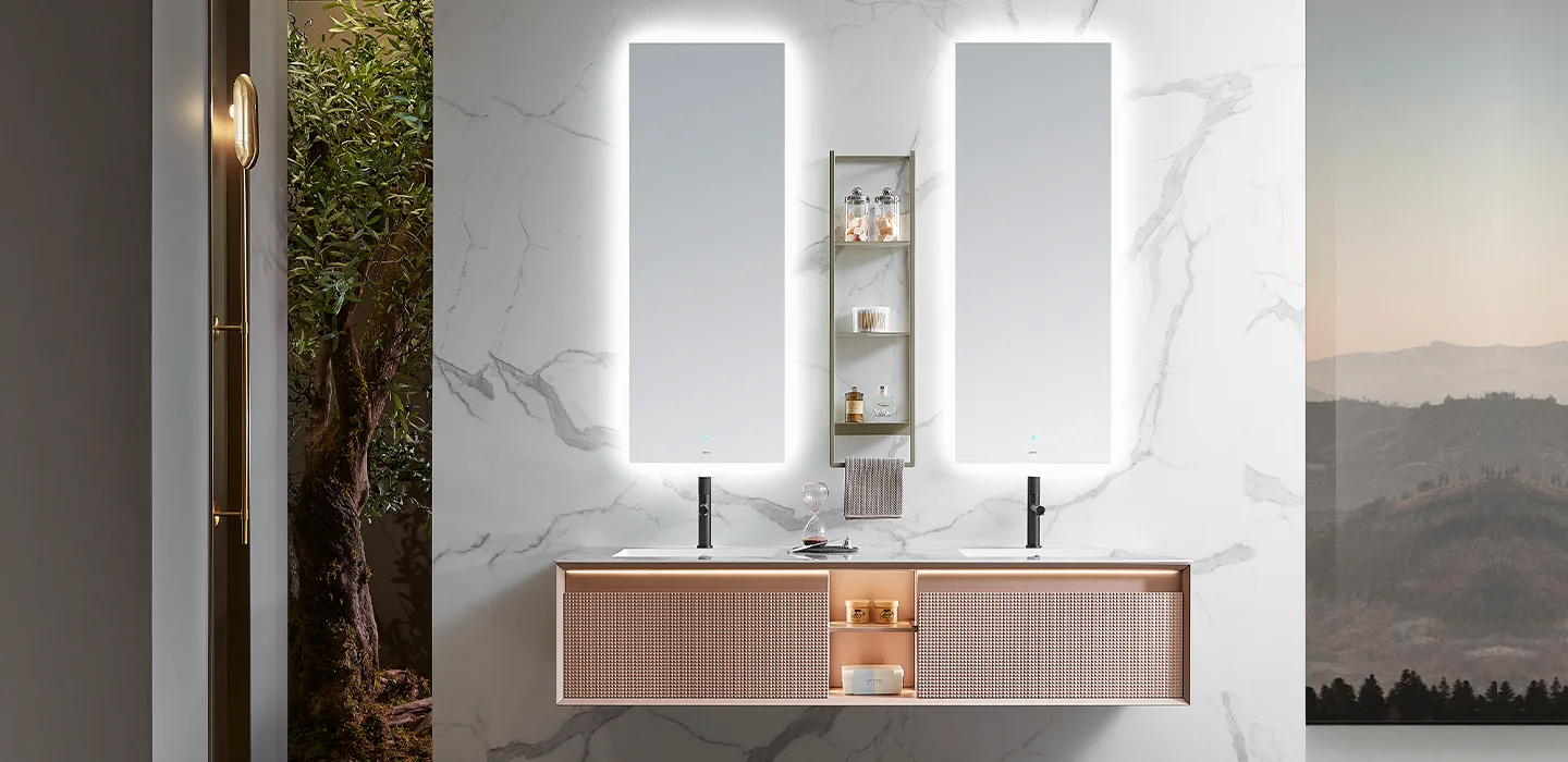 Thiết kế nội thất Tủ Lavabo đôi treo tường màu hồng cao cấp hiện đại