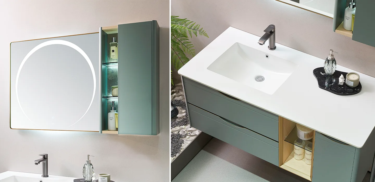 Thiết kế nội thất Tủ Lavabo treo tường cao cấp hiện đại màu xanh với mặt đá trắng