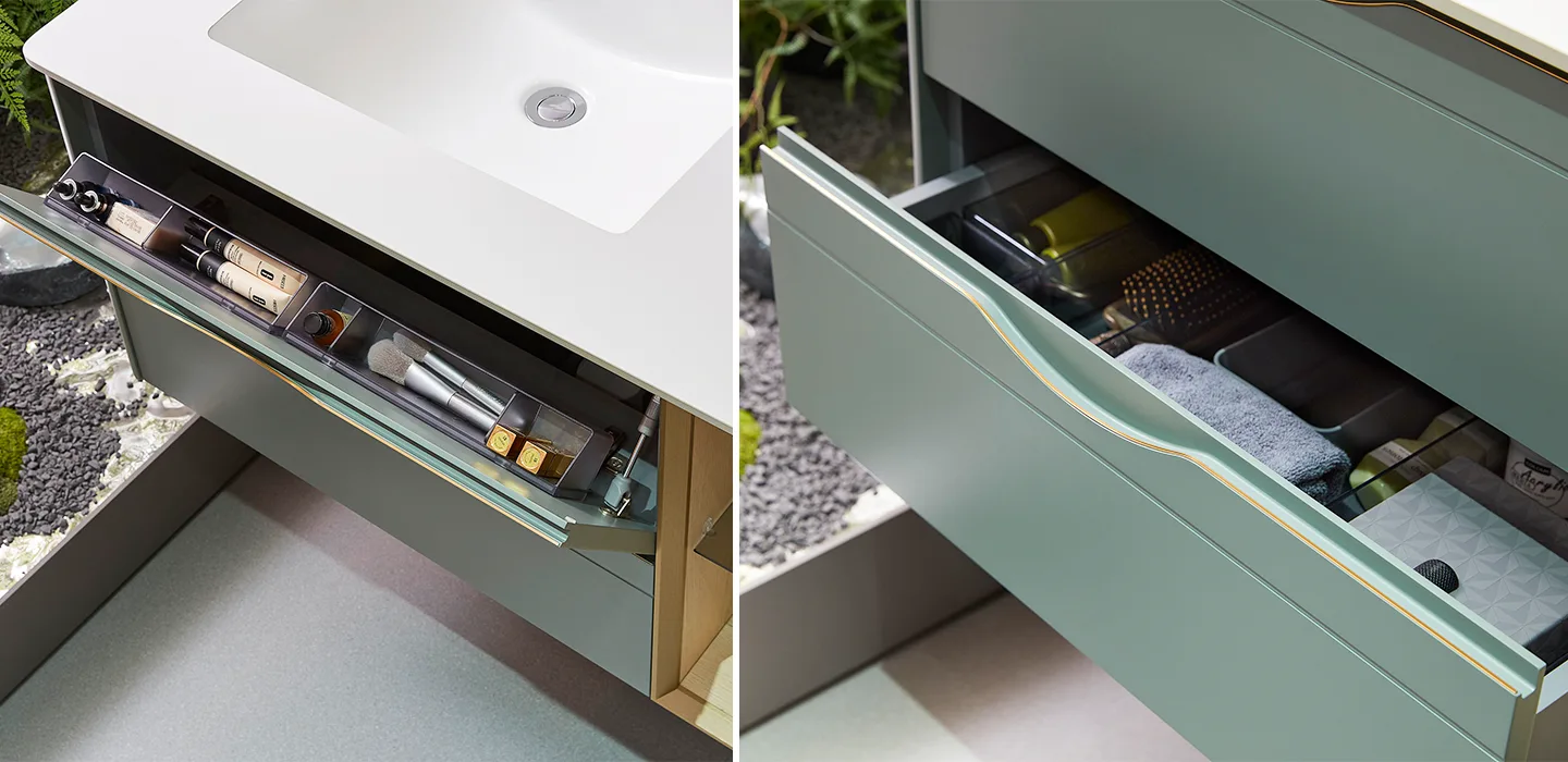 Thiết kế nội thất Tủ Lavabo treo tường cao cấp hiện đại màu xanh với mặt đá trắng