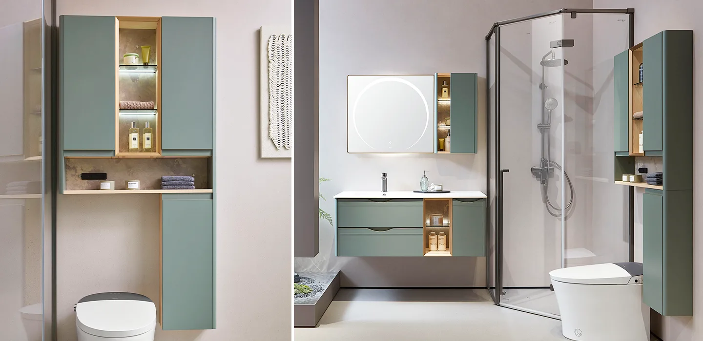 Thiết kế nội thất Tủ Lavabo treo tường cao cấp hiện đại màu xanh với mặt đá trắng