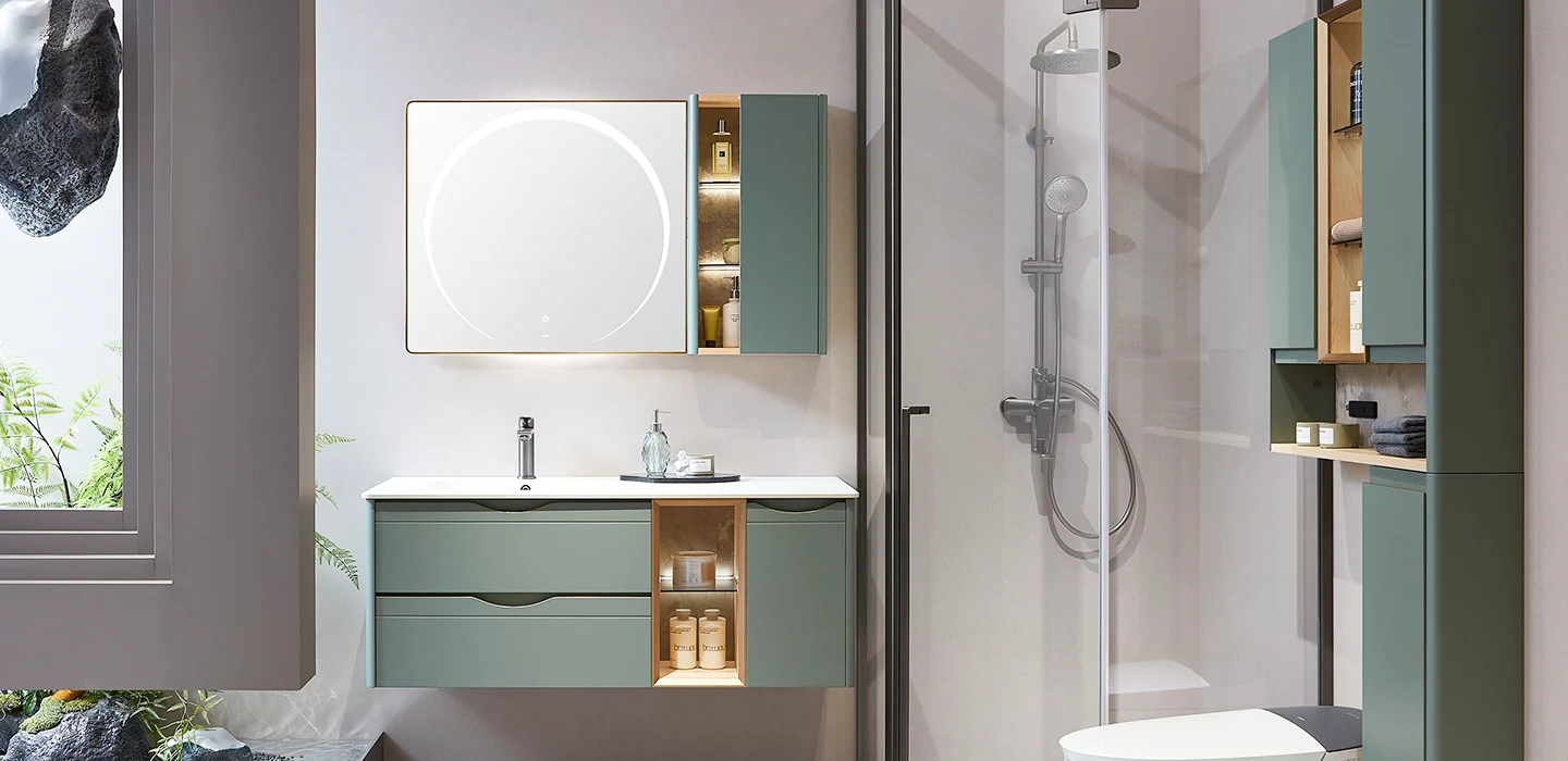 Thiết kế nội thất Tủ Lavabo treo tường cao cấp hiện đại màu xanh với mặt đá trắng