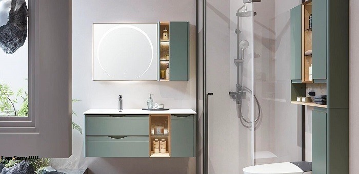 Thiết kế nội thất Tủ Lavabo treo tường cao cấp hiện đại màu xanh với mặt đá trắng