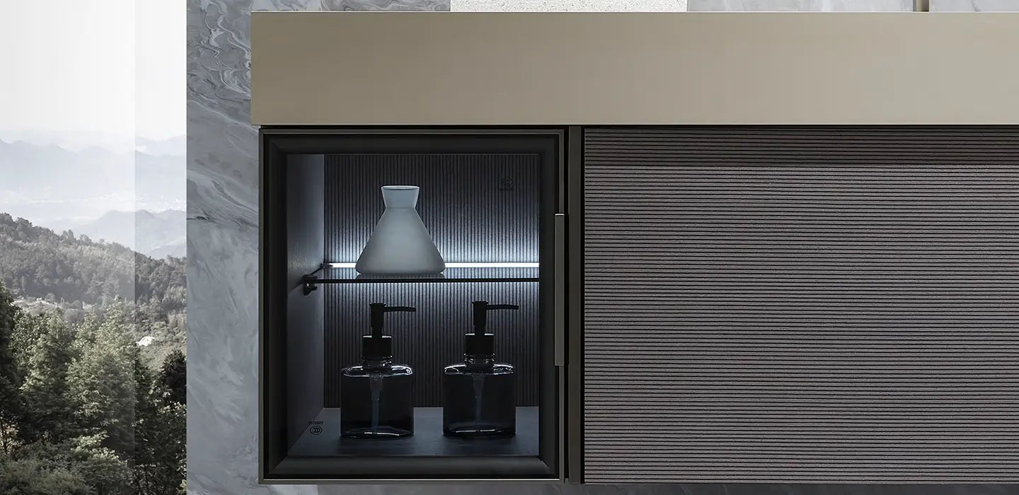 Thiết kế nội thất Tủ Lavabo treo tường cao cấp phủ Veneer gỗ xám