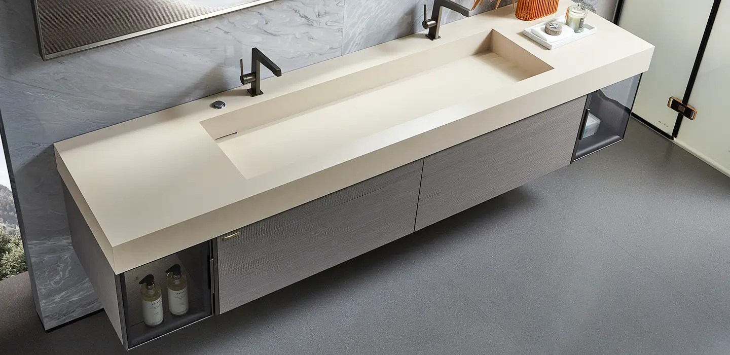Thiết kế nội thất Tủ Lavabo treo tường cao cấp phủ Veneer gỗ xám