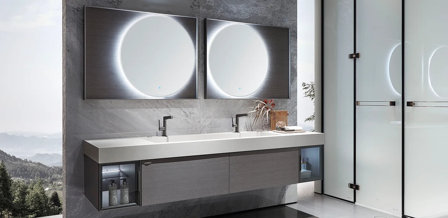Thiết kế nội thất Tủ Lavabo treo tường cao cấp phủ Veneer gỗ xám