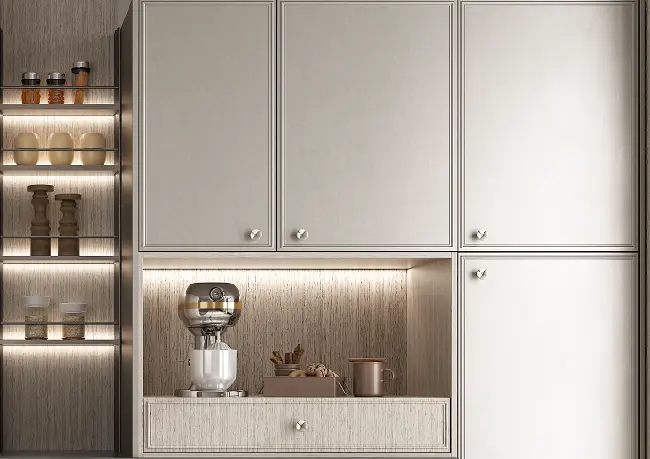 Thiết Kế Thi Công Tủ Bếp Âm Tường PVC Màu Xám Thiết Kế Một Vách