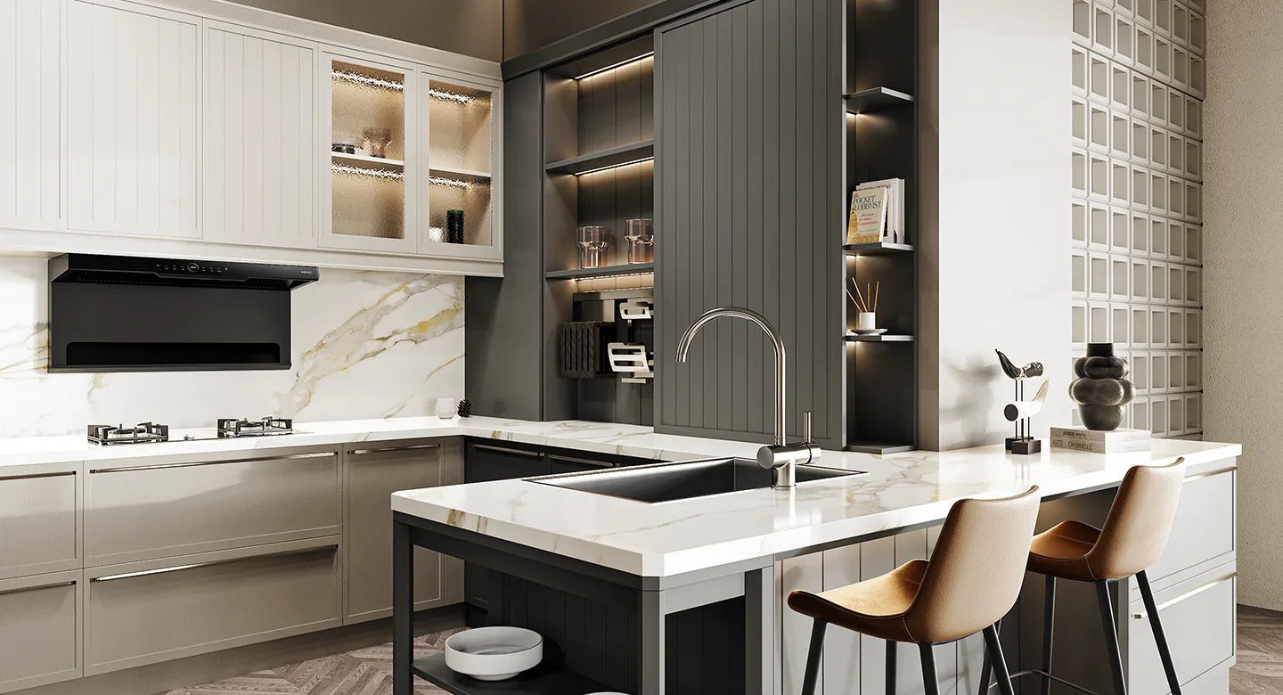 Thiết kế thi công Tủ Bếp Chữ G Phong Cách VILOA Mỹ Hiện Đại Màu Xám