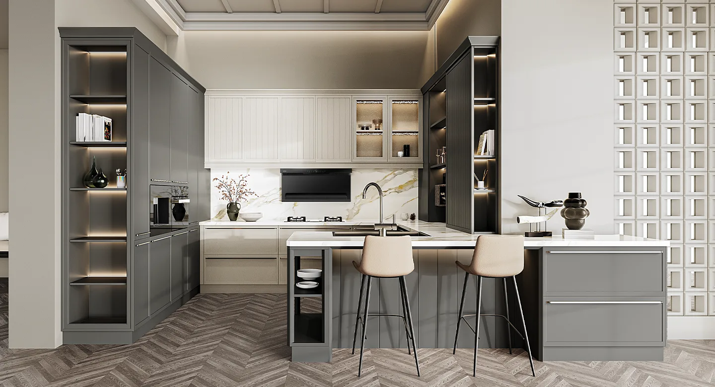 Thiết kế thi công Tủ Bếp Chữ G Phong Cách VILOA Mỹ Hiện Đại Màu Xám