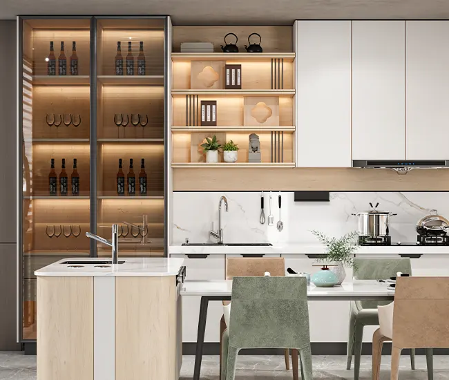 Thiết kế thi công Tủ bếp gỗ tự nhiên phủ Melamine màu trắng hiện đại