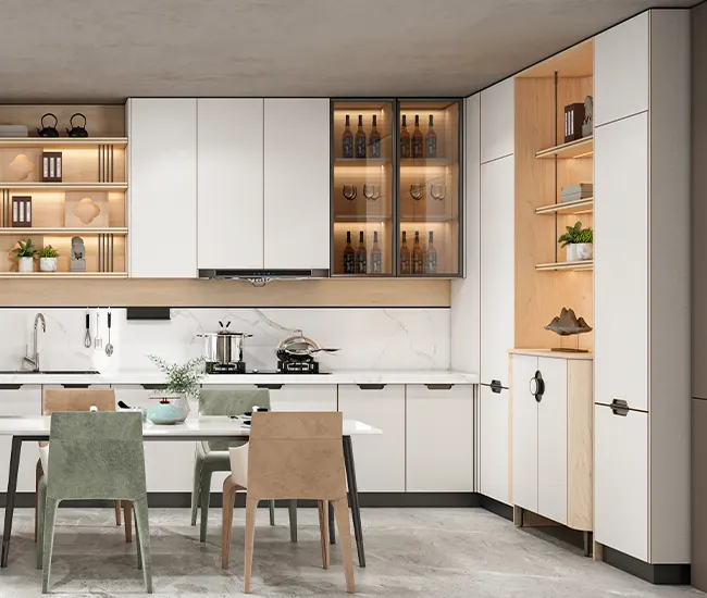 Thiết kế thi công Tủ bếp gỗ tự nhiên phủ Melamine màu trắng hiện đại