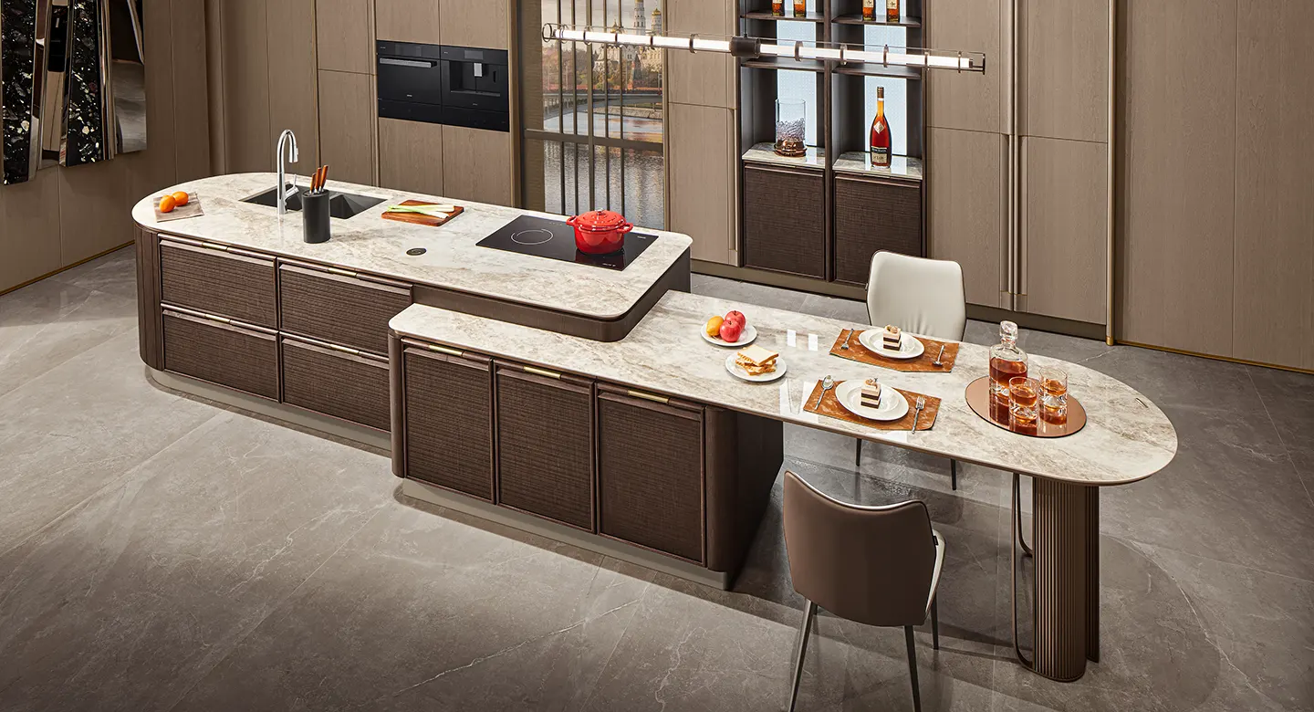 Thiết kế thi công Tủ bếp gỗ Veneer Ý cao cấp có đảo bếp POLYNESIA