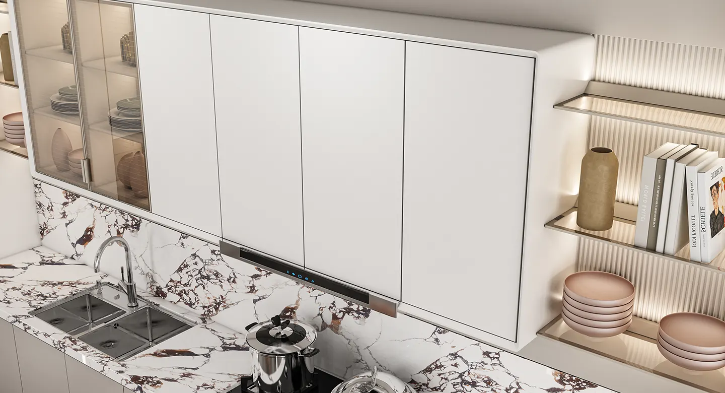 Thiết kế thi công Tủ bếp màu xám kem phong cách tối giản hiện đại