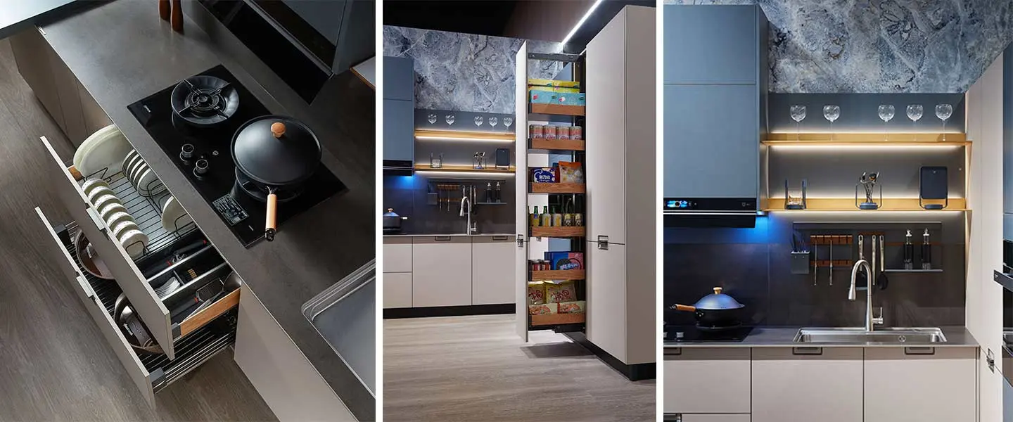 Thiết kế thi công Tủ bếp Melamine màu xanh hiện đại