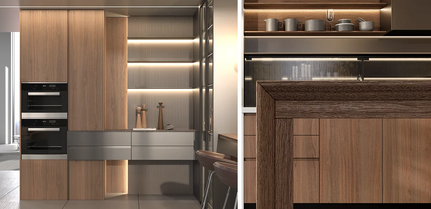 Thiết Kế Thi Công Tủ Bếp Veneer Phong Cách Đức Gỗ Óc Chó Tự Nhiên