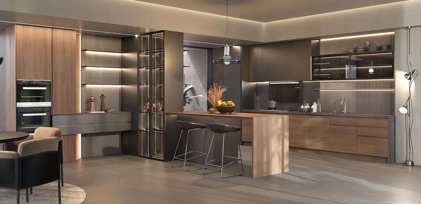 Thiết Kế Thi Công Tủ Bếp Veneer Phong Cách Đức Gỗ Óc Chó Tự Nhiên