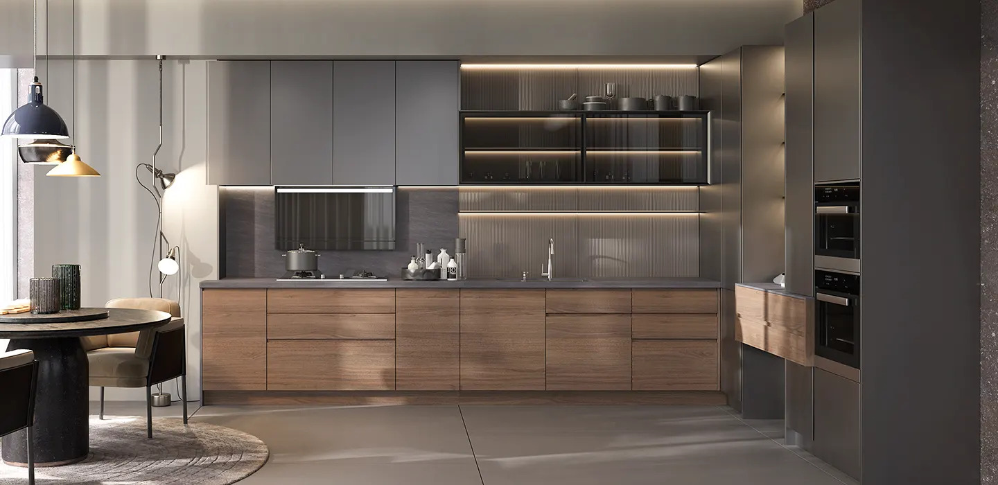 Thiết Kế Thi Công Tủ Bếp Veneer Phong Cách Đức Gỗ Óc Chó Tự Nhiên