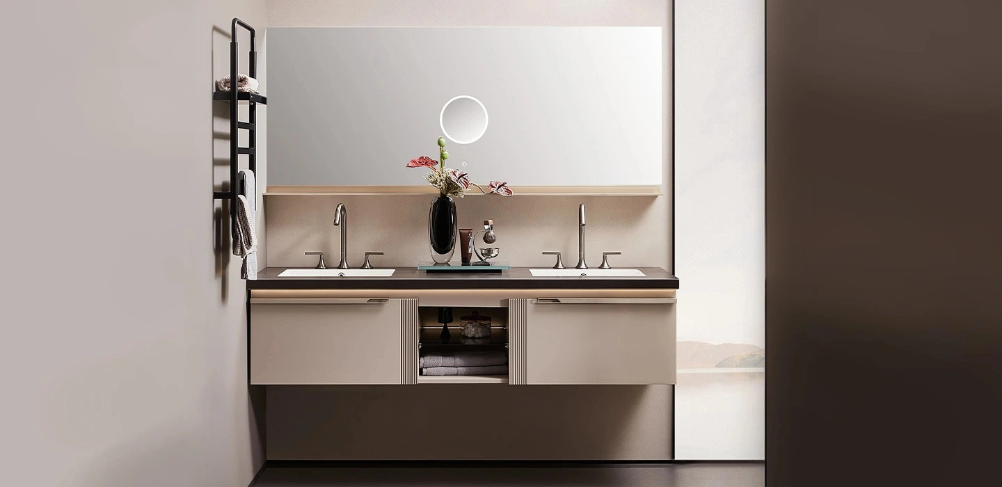 Thiết kế thi công Tủ Lavabo đôi treo tường màu xám nhạt hiện đại