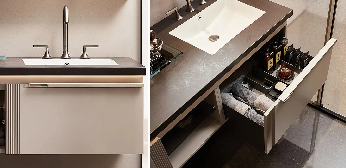 Thiết kế thi công Tủ Lavabo đôi treo tường màu xám nhạt hiện đại