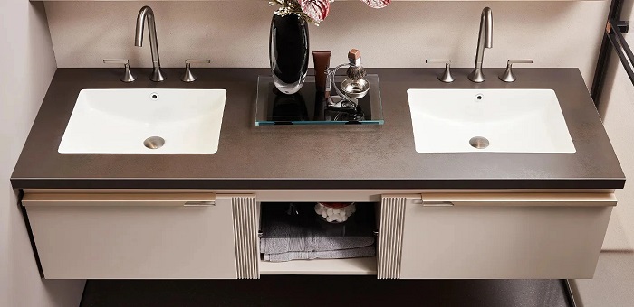 Thiết kế thi công Tủ Lavabo đôi treo tường màu xám nhạt hiện đại