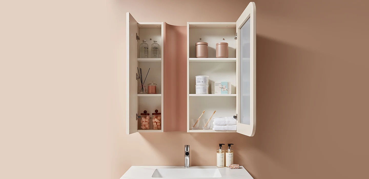 Thiết kế thi công Tủ Lavabo treo tường cao cấp hiện đại màu kem tối giản
