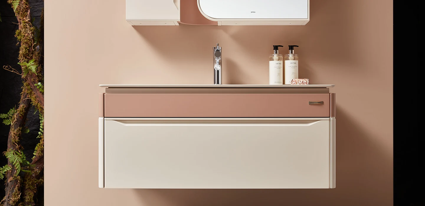 Thiết kế thi công Tủ Lavabo treo tường cao cấp hiện đại màu kem tối giản