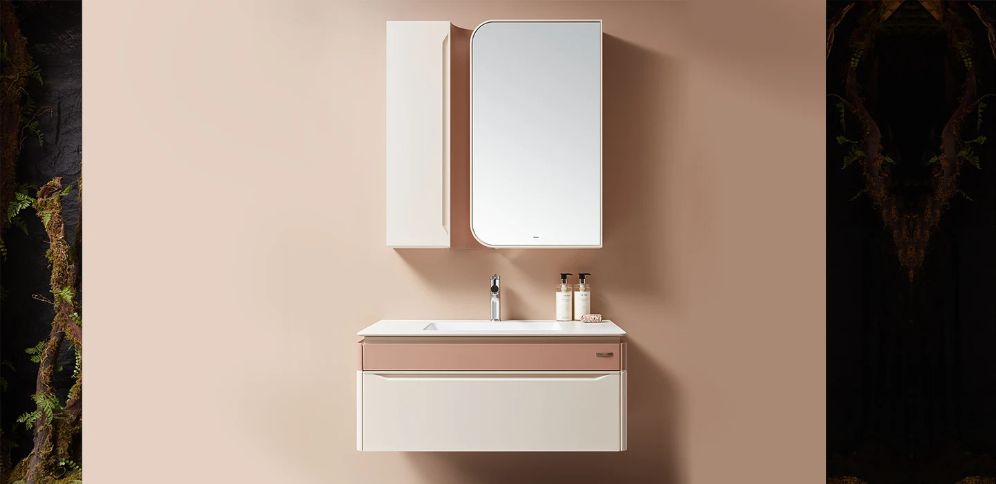 Thiết kế thi công Tủ Lavabo treo tường cao cấp hiện đại màu kem tối giản
