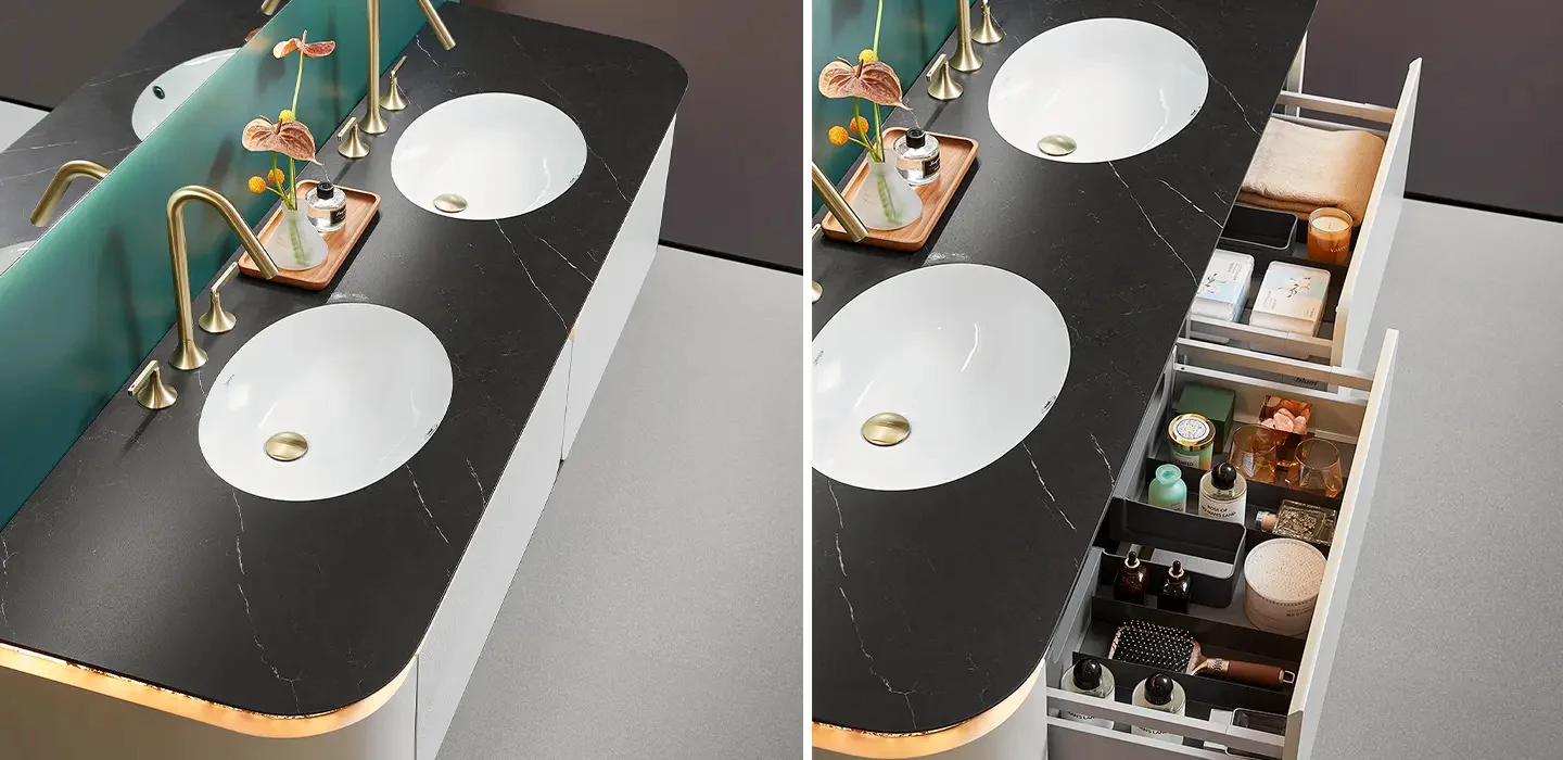 Thiết Kế Thi Công Tủ Lavabo Treo Tường Màu Trắng Với Mặt Đá Đen Hiện Đại