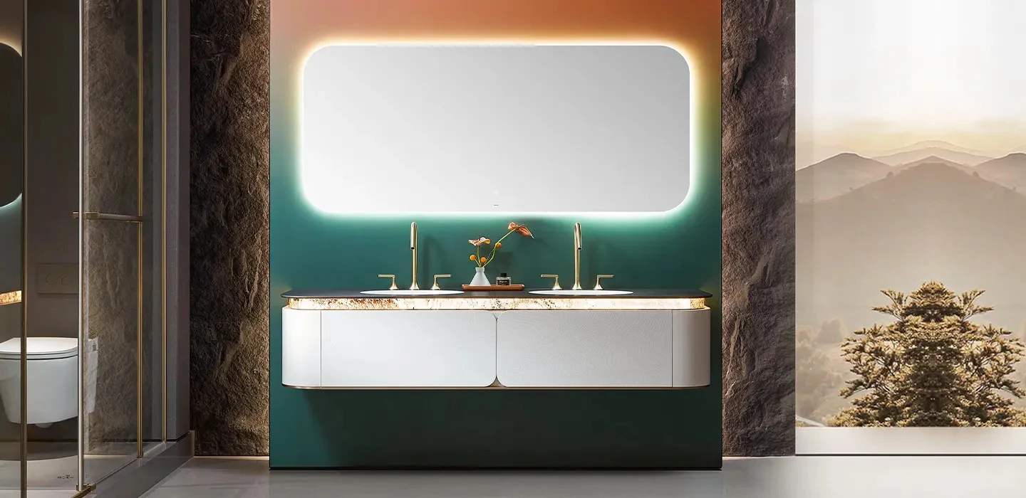 Thiết Kế Thi Công Tủ Lavabo Treo Tường Màu Trắng Với Mặt Đá Đen Hiện Đại