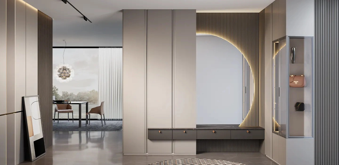 Thiết kế Thi công Tủ quần áo Eleganza hiện đại tay nắm âm màu xám nhạt