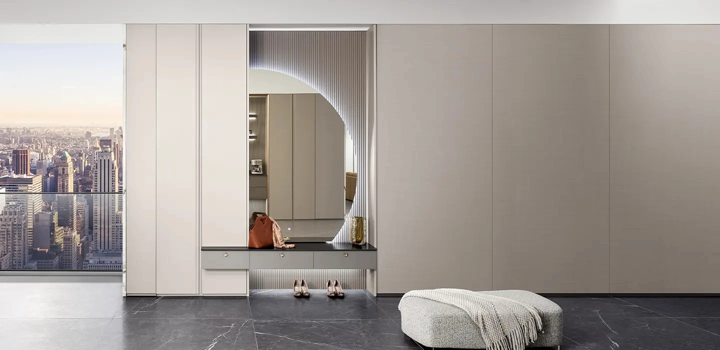 Thiết kế Thi công Tủ quần áo Eleganza hiện đại tay nắm âm màu xám nhạt