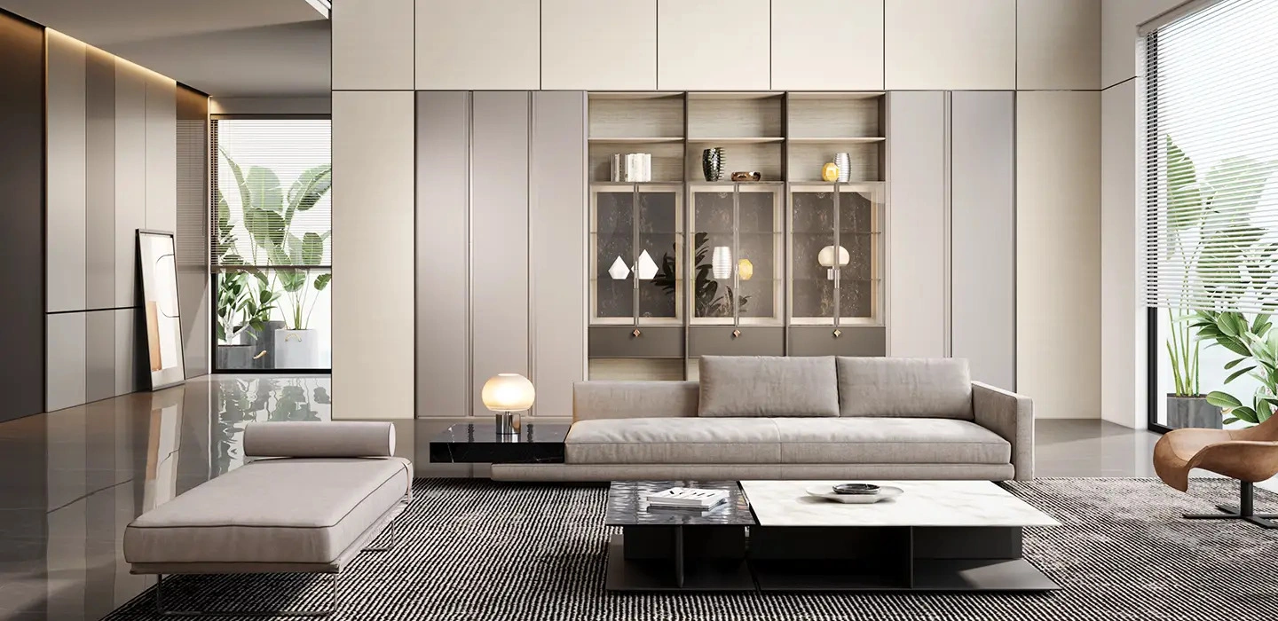 Thiết kế Thi công Tủ quần áo Eleganza hiện đại tay nắm âm màu xám nhạt