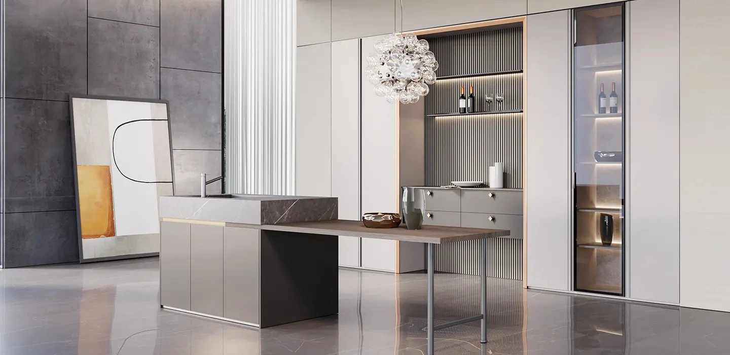 Thiết kế Thi công Tủ quần áo Eleganza hiện đại tay nắm âm màu xám nhạt