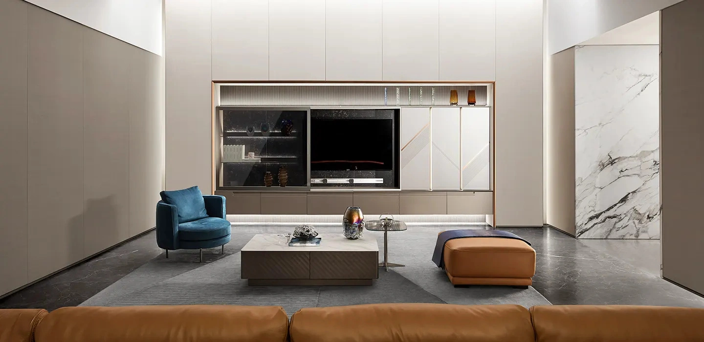 Thiết kế Thi công Tủ quần áo Eleganza hiện đại tay nắm âm màu xám nhạt