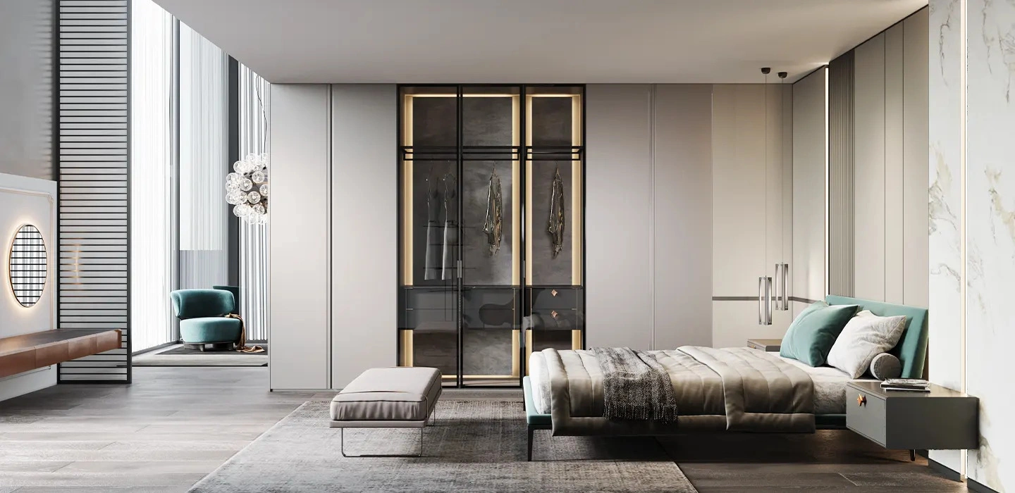 Thiết kế Thi công Tủ quần áo Eleganza hiện đại tay nắm âm màu xám nhạt