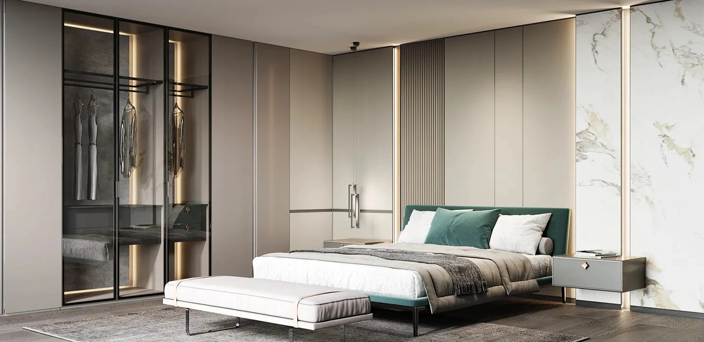 Thiết kế Thi công Tủ quần áo Eleganza hiện đại tay nắm âm màu xám nhạt
