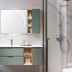 Thiết kế nội thất Tủ Lavabo treo tường cao cấp hiện đại màu xanh với mặt đá trắng