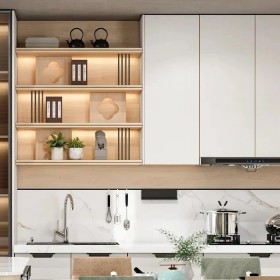 Thiết kế thi công Tủ bếp gỗ tự nhiên phủ Melamine màu trắng hiện đại