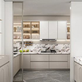 Thiết kế thi công Tủ bếp màu xám kem phong cách tối giản hiện đại
