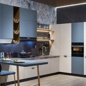 Thiết kế thi công Tủ bếp Melamine màu xanh hiện đại