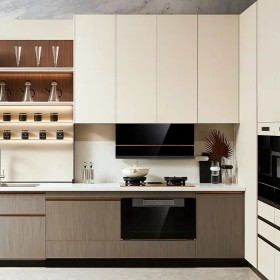 Thiết kế thi công Tủ bếp MOYEN hiện đại tối giản màu be không tay nắm