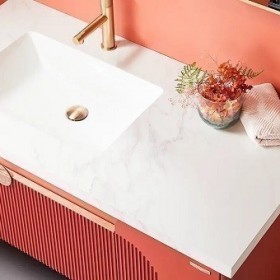 Thiết kế thi công Tủ Lavabo treo tường màu sơn mài đỏ cao cấp hiện đại