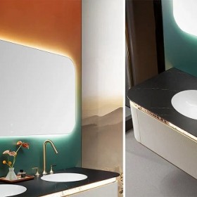 Thiết Kế Thi Công Tủ Lavabo Treo Tường Màu Trắng Với Mặt Đá Đen Hiện Đại